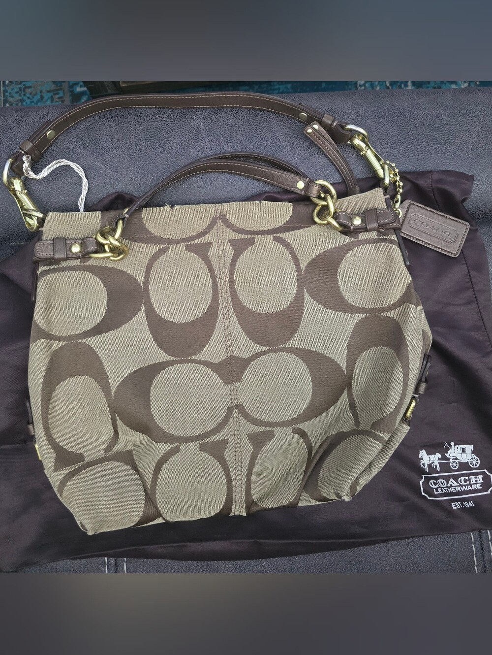 Coach Large Carly Brown Signature Canvas Shoulder Bag with Leather Trim